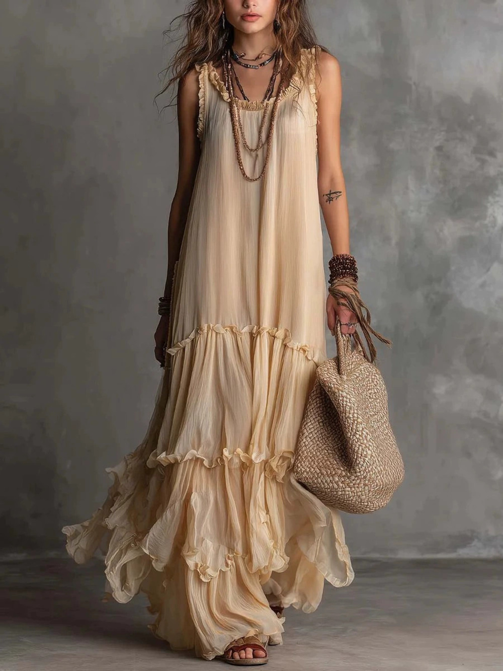 ZARA Women Summer Sleeveless Heavy Pleated Flowy Flared Maxi Vacation Dress
